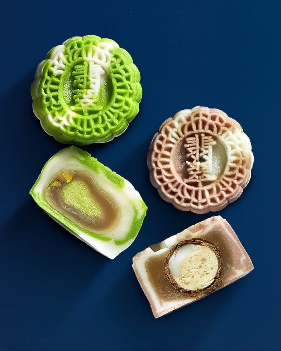 Assortment of modern mooncakes with various fillings and designs