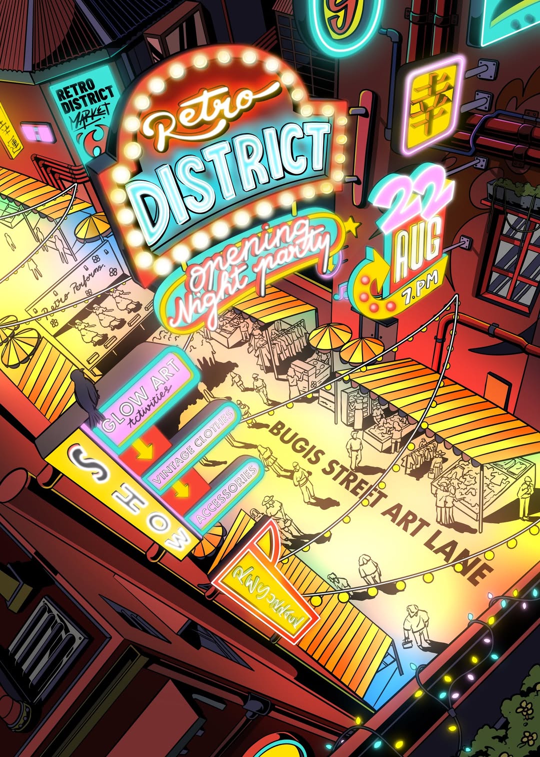 Vibrant neon lights illuminating a street art lane at night festival