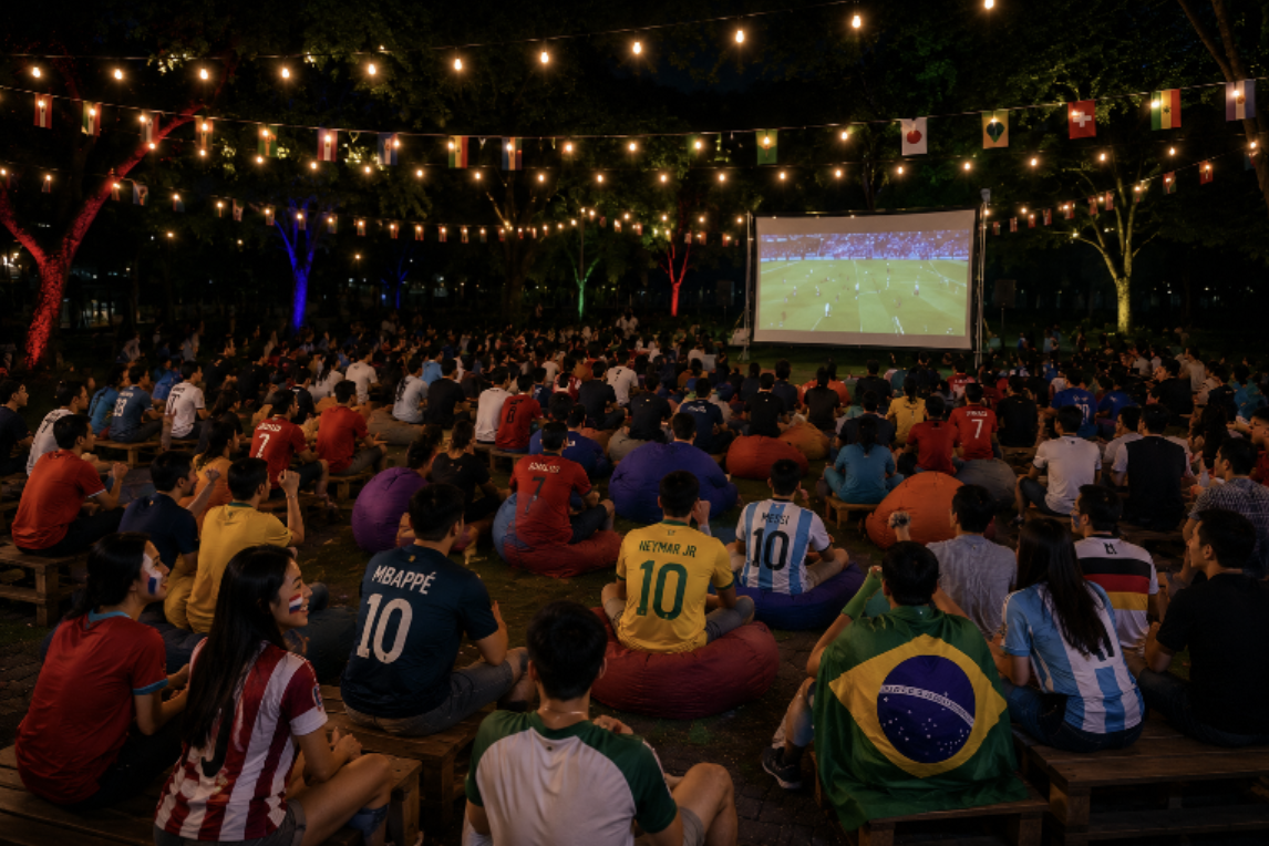 Football fan zone screening set up on a lawn near Bugis Junction for the World Cup 2026 Final