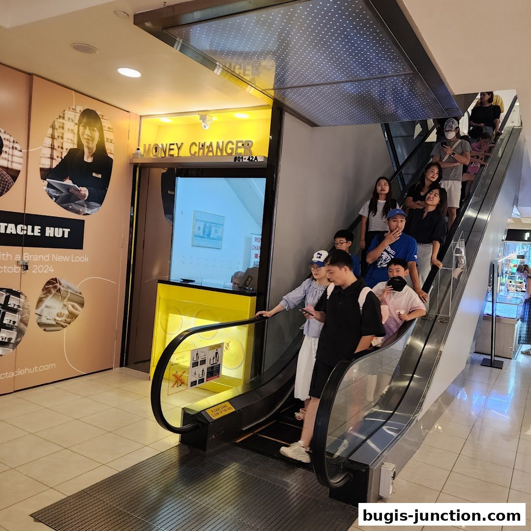 A money changer shop entrance with an escalator and people on it.