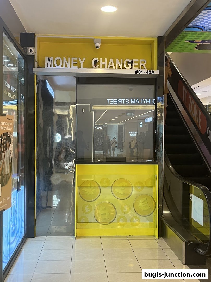 The exterior of a money changer shop with yellow accents and currency symbols.