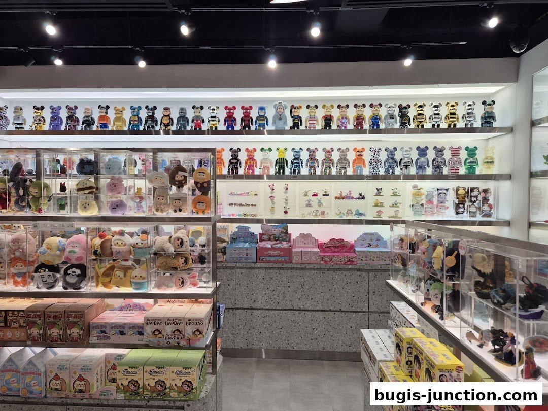 A retail store interior showcasing a wide variety of collectible toys and plushies on display shelves.