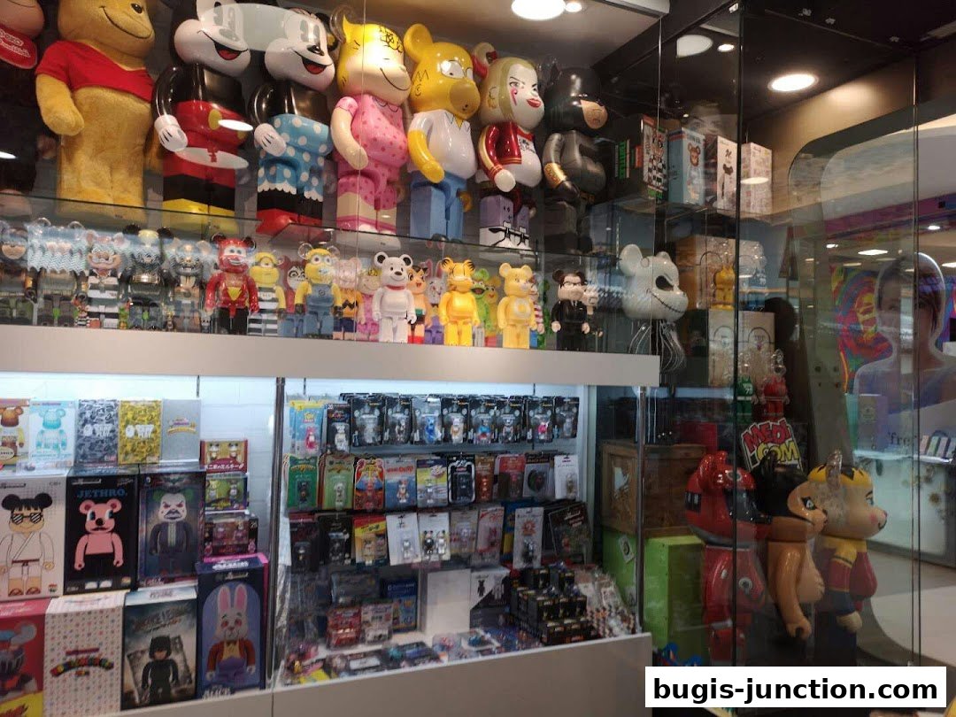 A shop display filled with collectible designer toys and figurines.