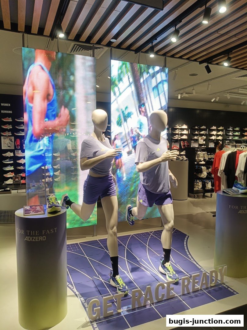 Adidas store window display featuring mannequins in running gear and digital screens.