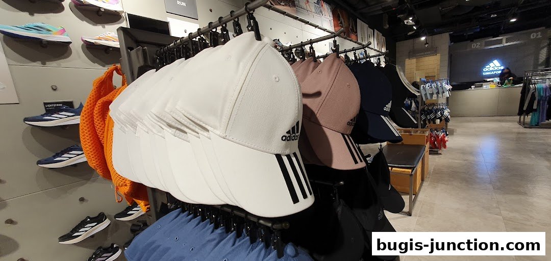 Adidas store interior showcasing caps, shoes, and apparel with a checkout counter in the background.