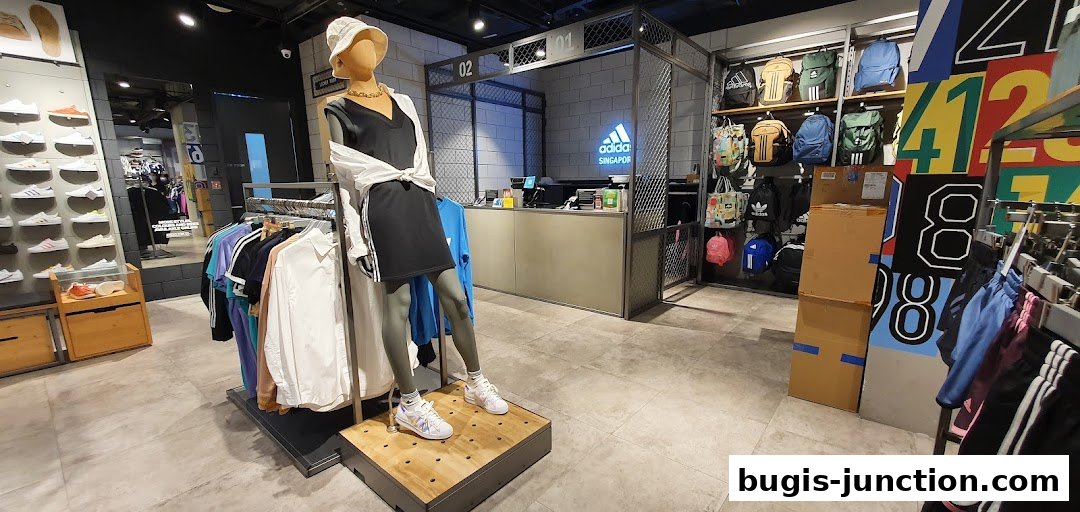 Interior of an Adidas store with merchandise displays, a mannequin, and a checkout counter.