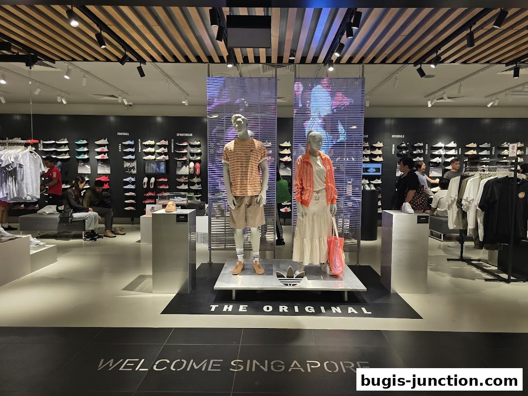 Interior of an Adidas store with mannequins, shoes, and apparel displayed.