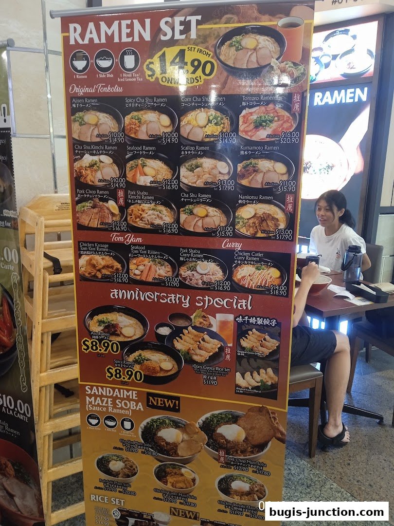 A large banner displays various ramen sets and other Japanese dishes with prices.
