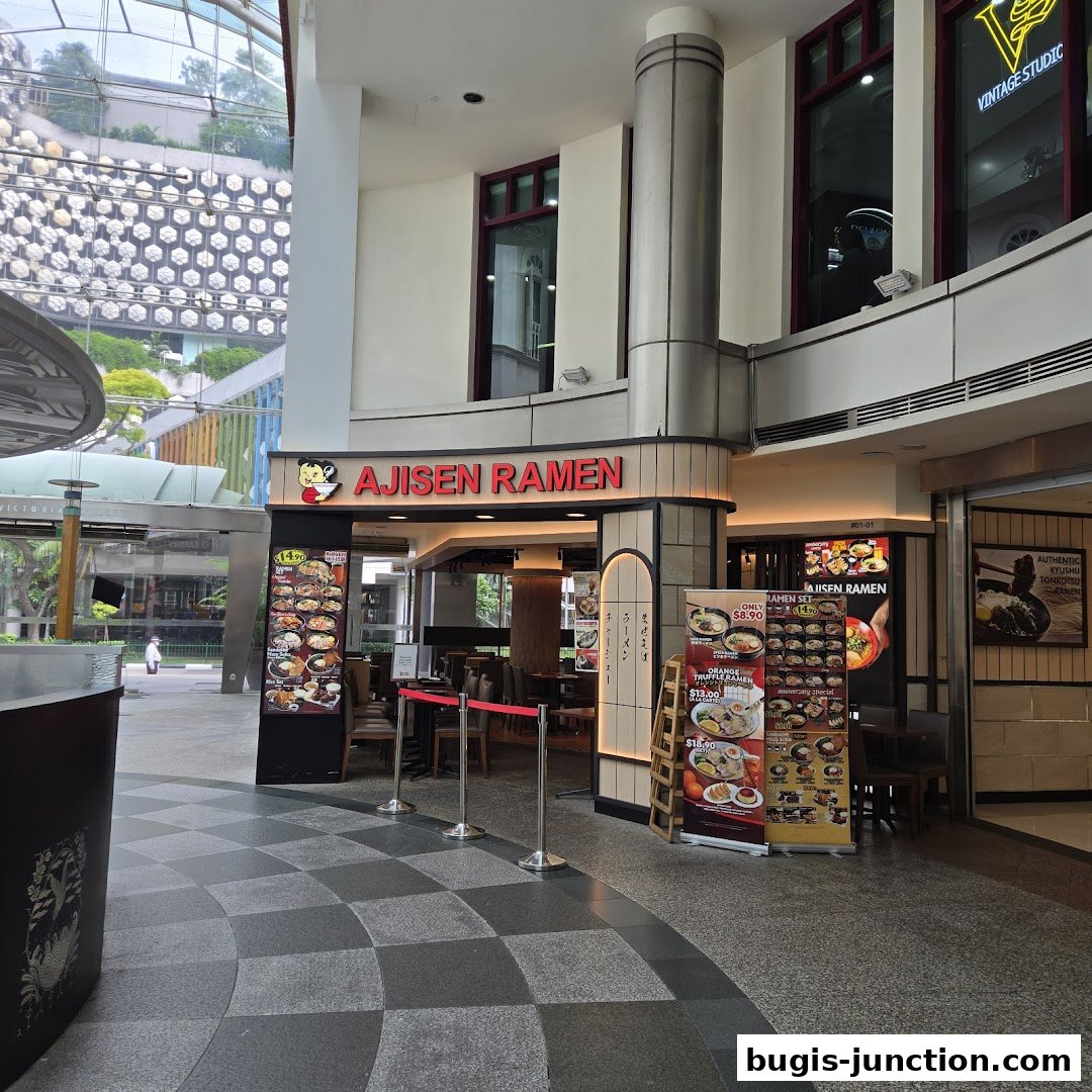 Ajisen Ramen Bugis Junction shop front with menu displays and seating visible inside.