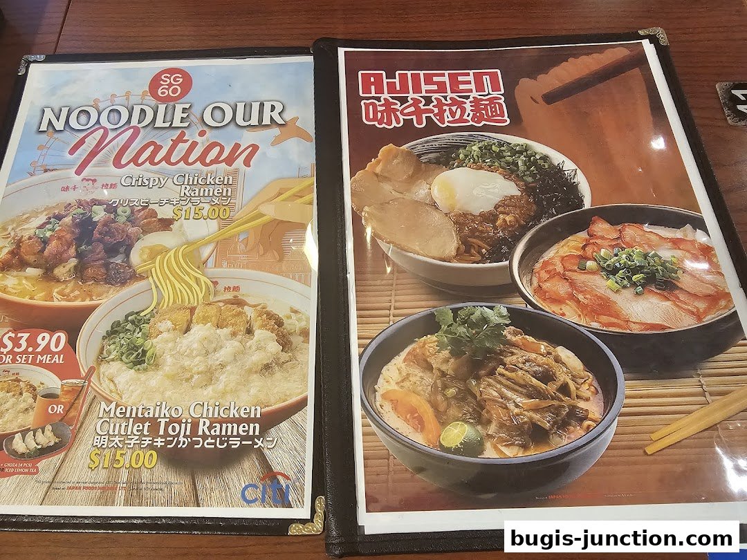 A menu from Ajisen Ramen featuring various ramen dishes with prices.