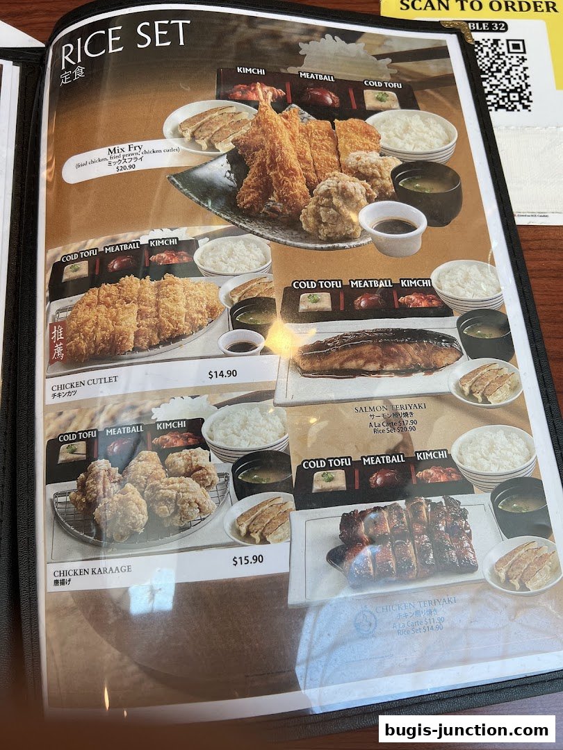 A menu page showcasing various Japanese rice sets with appetizing food photography.