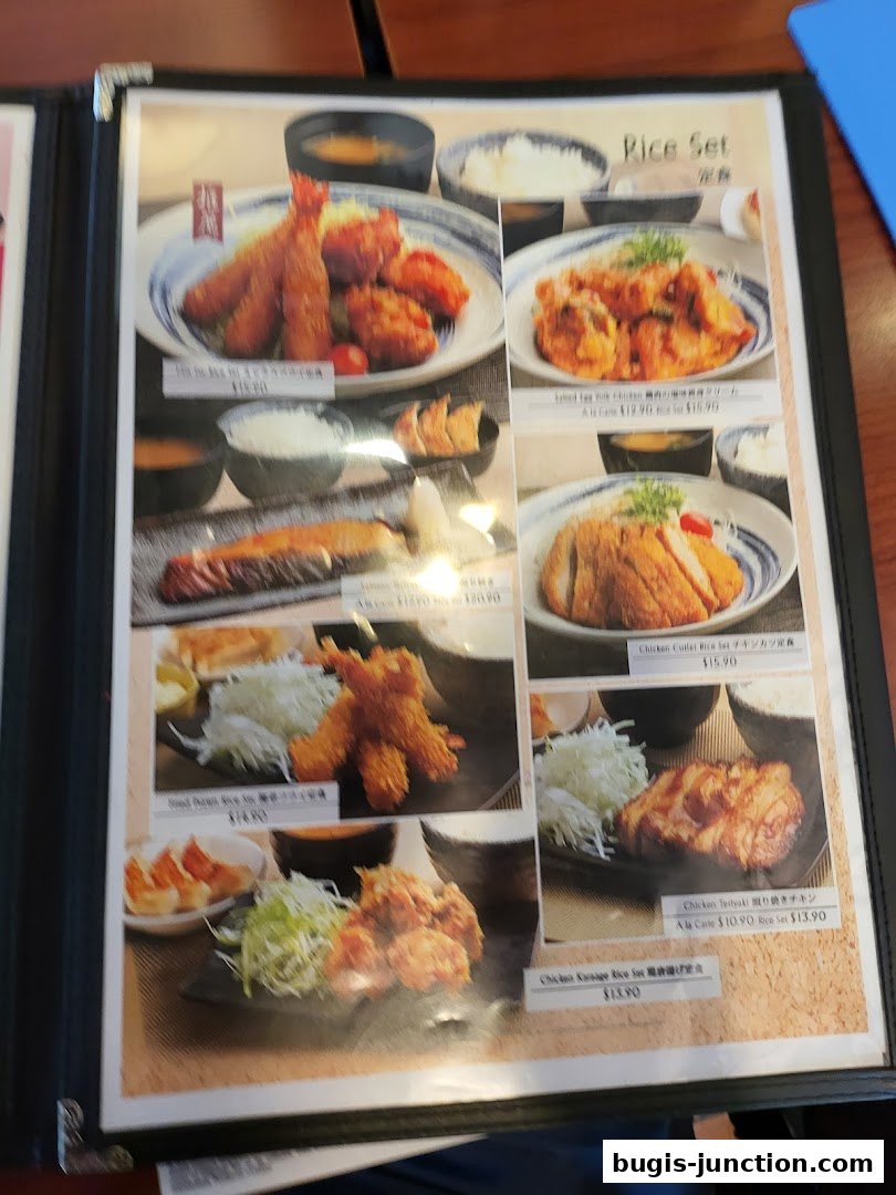 A menu page displaying various Japanese rice sets with appetizing food photography.