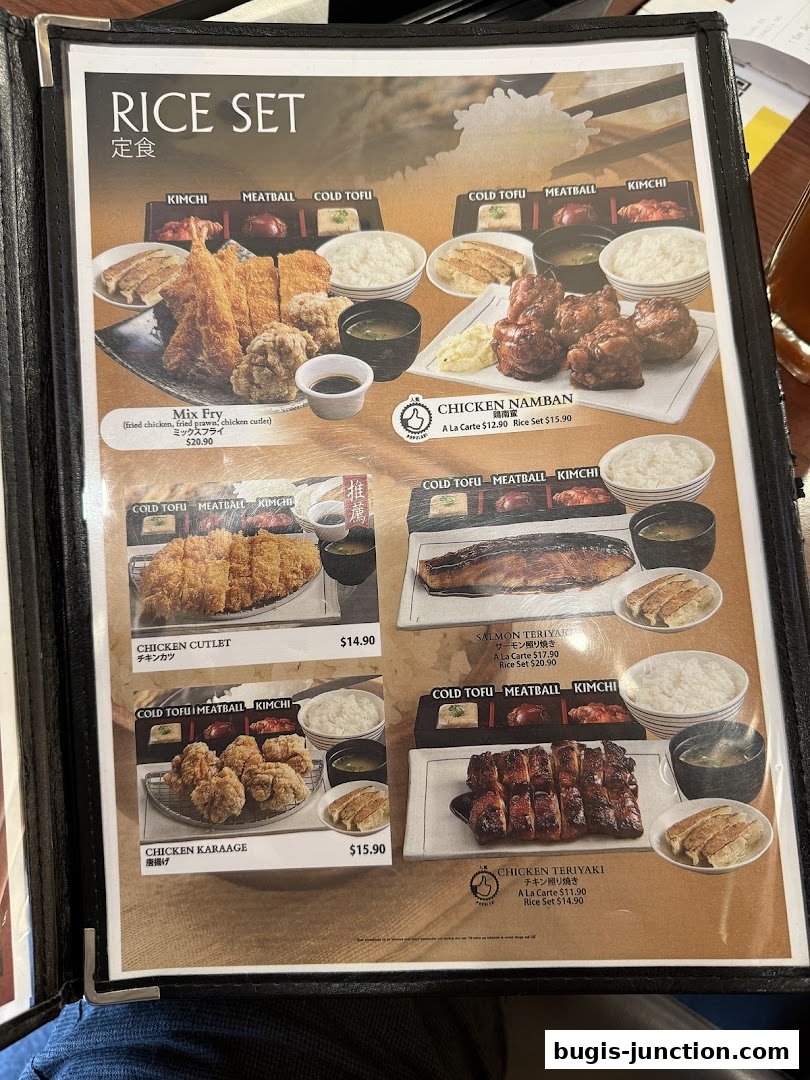 A menu featuring various Japanese rice sets with different protein options.