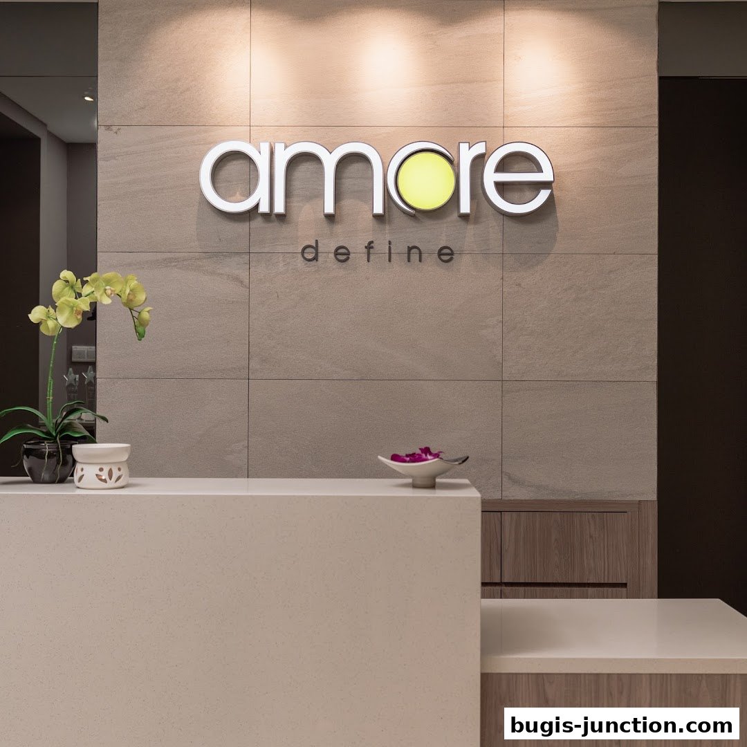The reception area of Amore Define Bugis with a modern counter and illuminated signage.