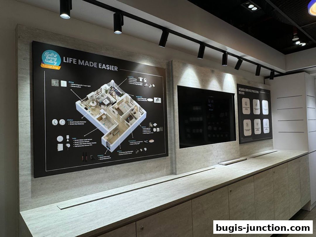 Interior view of the AQARA Home Exclusive Store showcasing smart home technology displays.