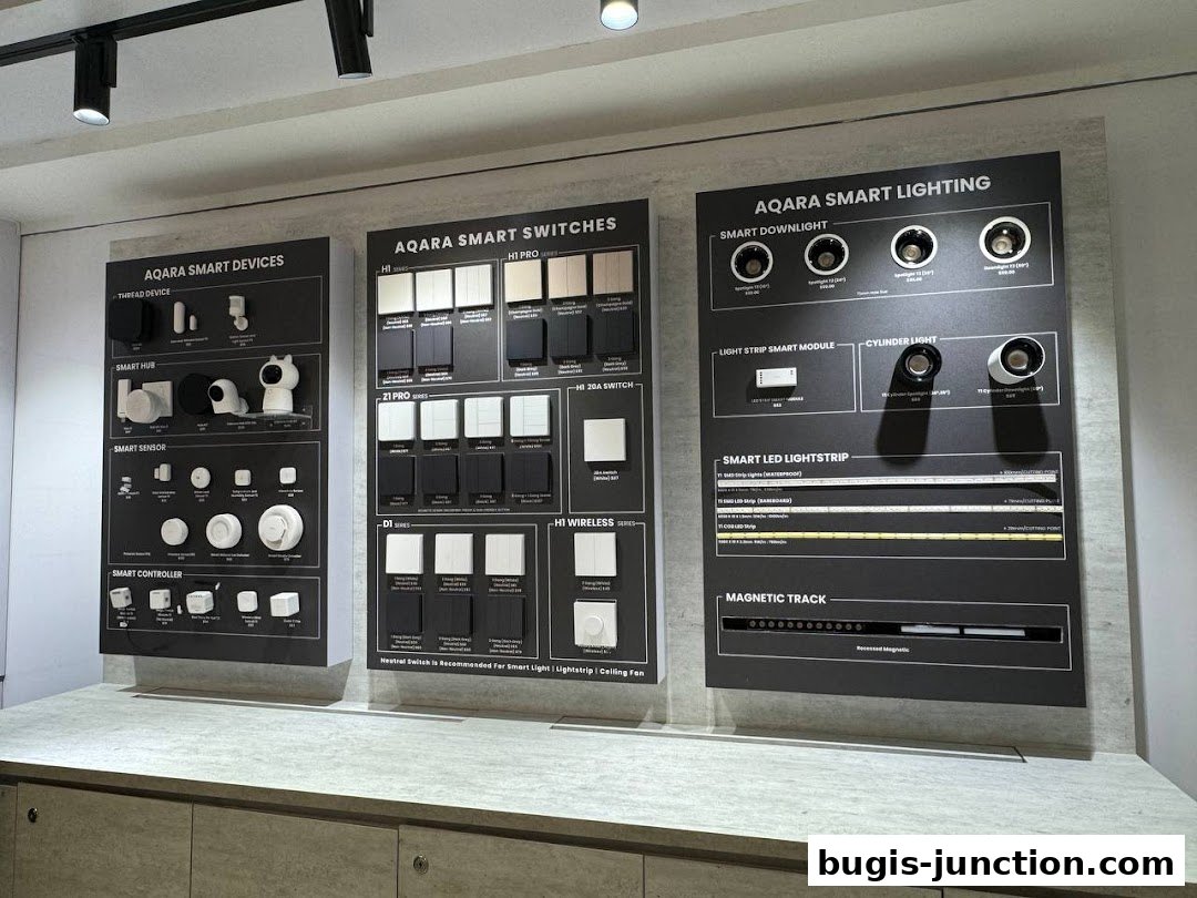 Display of Aqara smart home devices, switches, and lighting solutions.