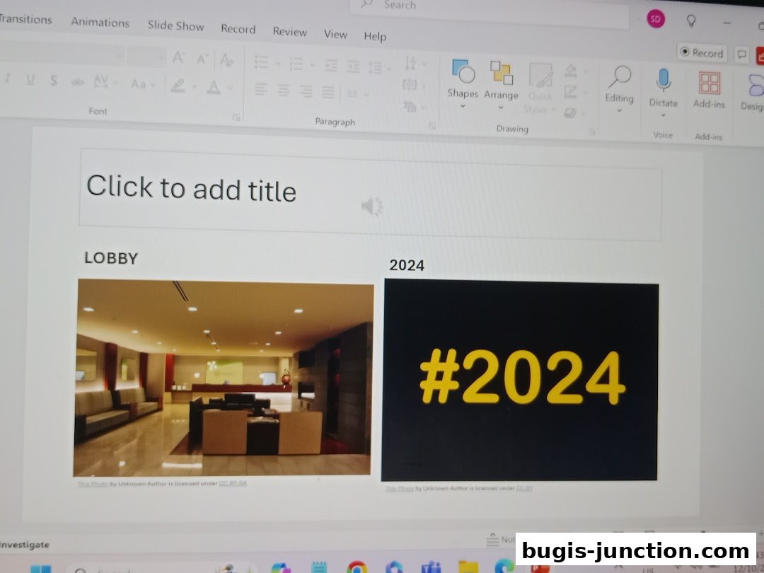 A presentation slide with two images, one of a lobby and the other with '#2024'.