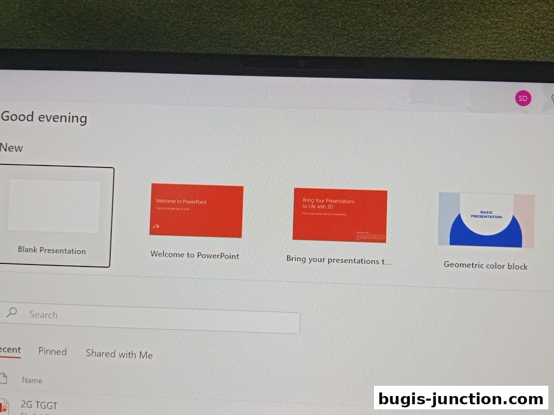 A computer screen displaying the Microsoft PowerPoint new presentation interface.