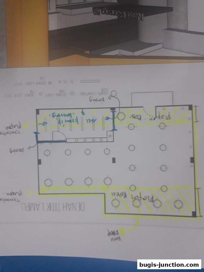 A blueprint with handwritten annotations showing lighting and ceiling plans for a retail space.