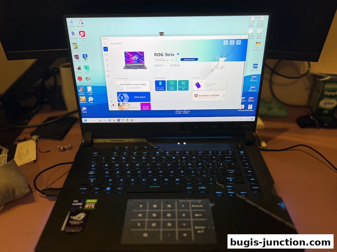 An ASUS ROG Strix laptop displaying the MyASUS software interface.