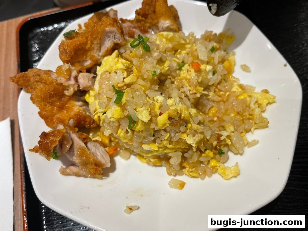 A plate of Japanese fried rice with crispy fried chicken pieces and chopped green onions.
