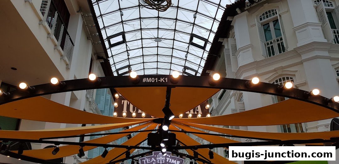 A view of a shopping mall walkway with a glass ceiling and decorative lighting.