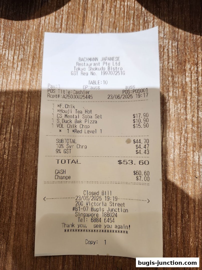 A receipt from Bachmann Japanese Restaurant showing food items and prices.