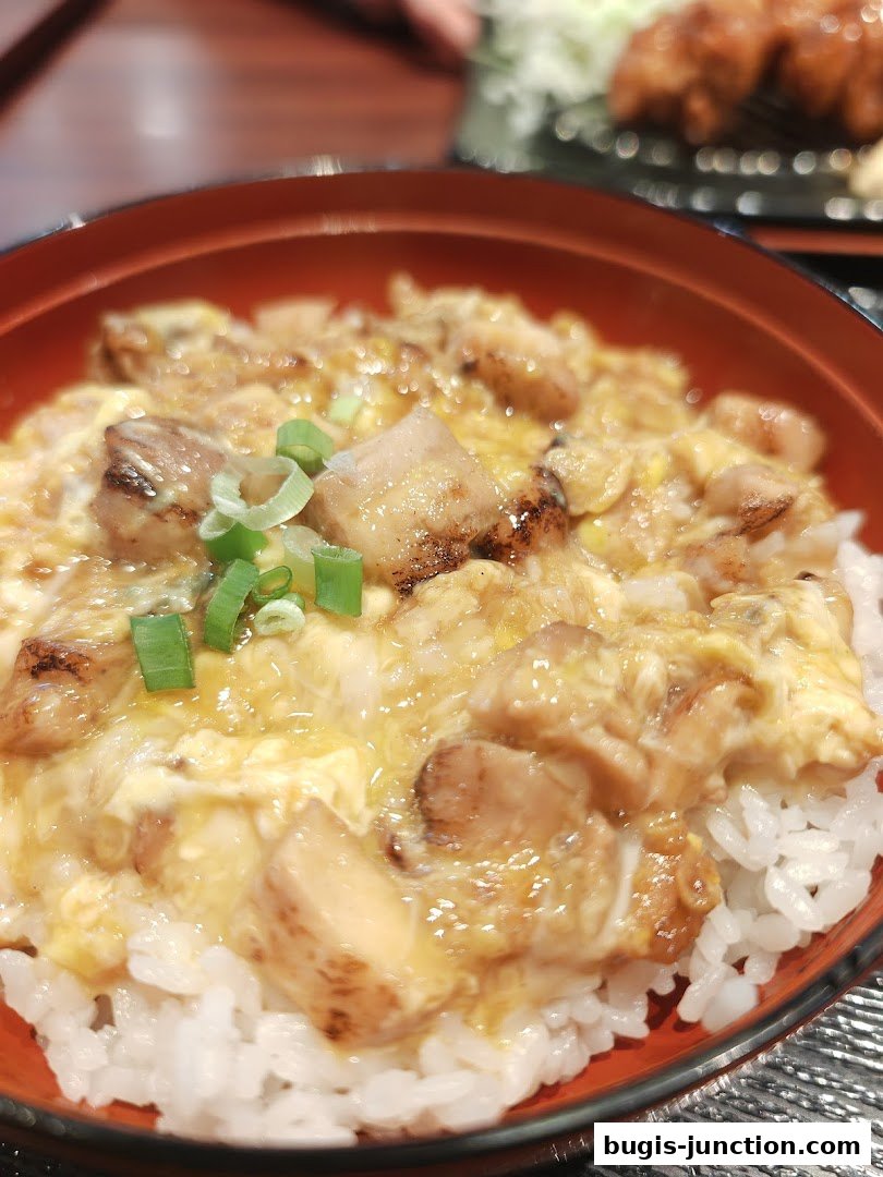 A close-up of a Japanese chicken and egg rice bowl topped with green onions.