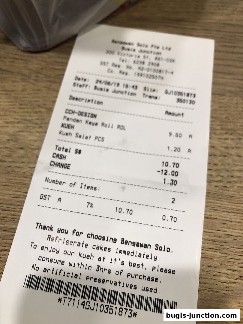 A receipt from Bengawan Solo showing purchased items and their prices.