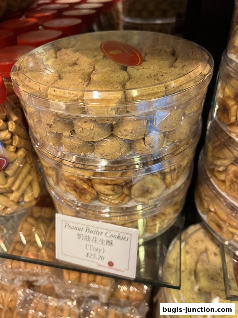 A close-up of a clear plastic container filled with peanut butter cookies.
