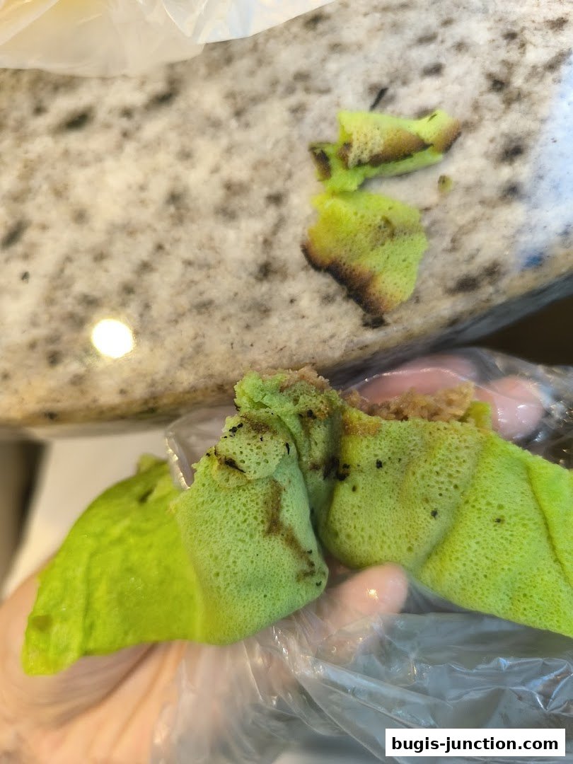A hand holds green crepes with brown burnt edges, possibly from a bakery.