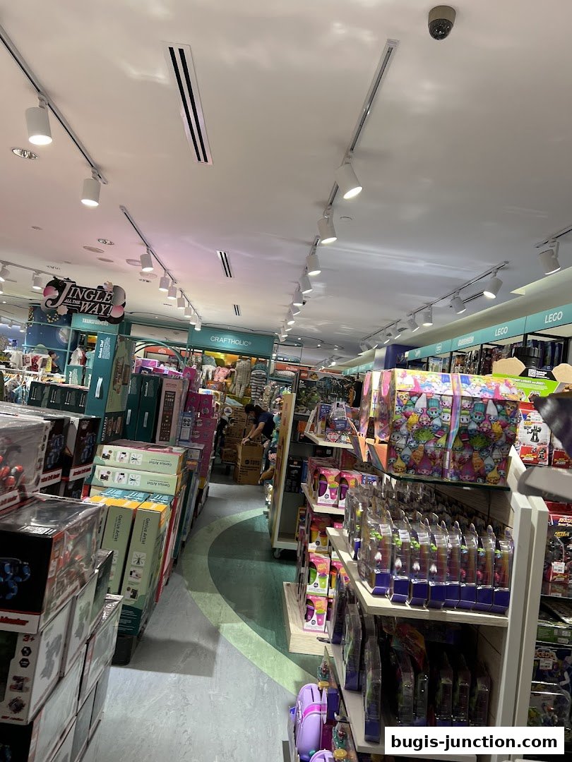 A wide aisle in a toy store filled with various toys and games on display.