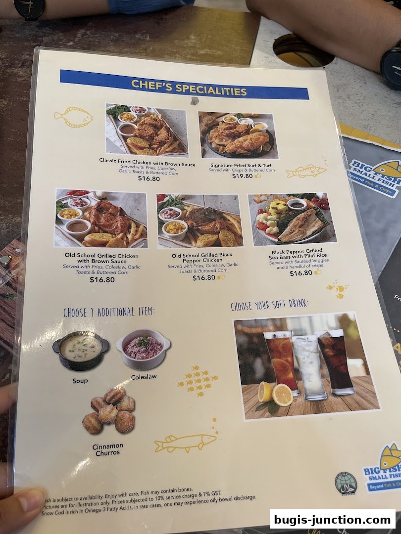 A menu from Big Fish Small Fish featuring Chef's Specialities and additional item choices.