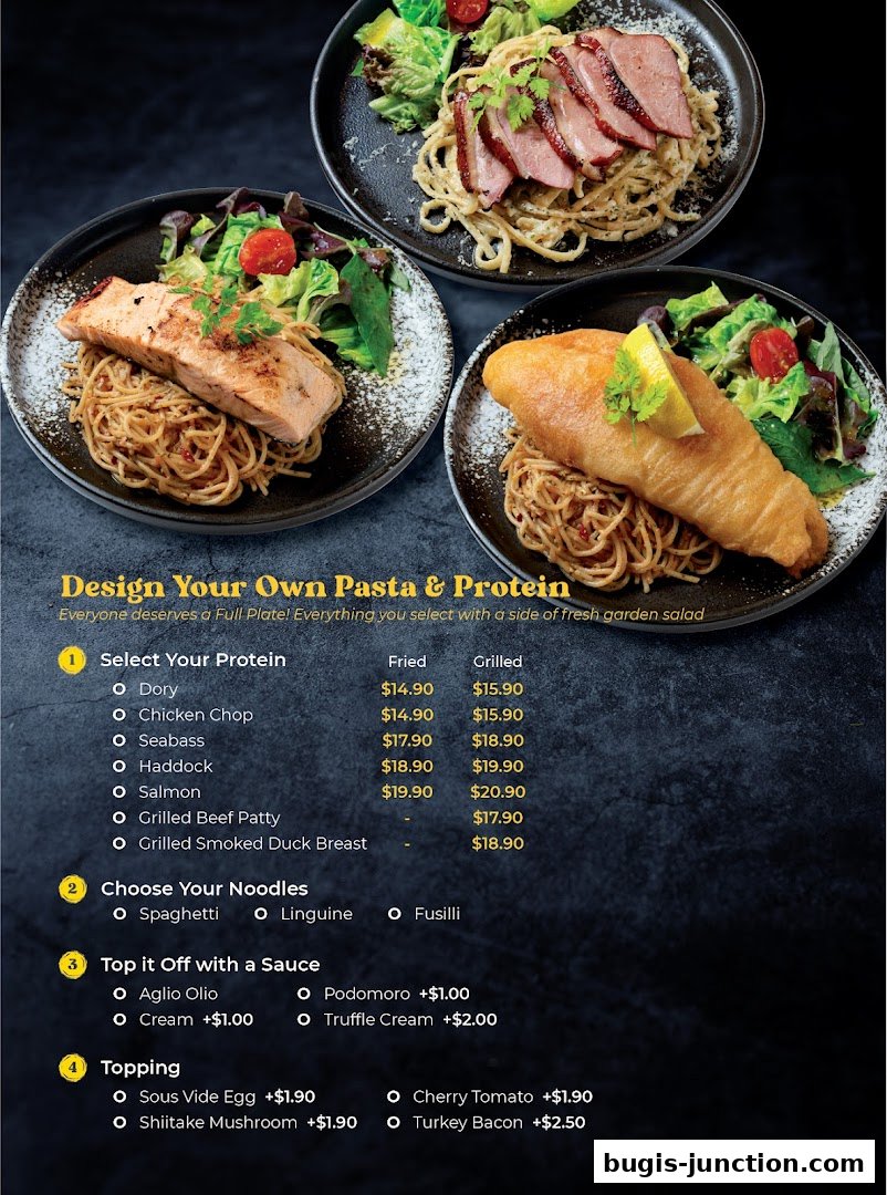 A menu showcasing customizable pasta dishes with various protein options and sauces.