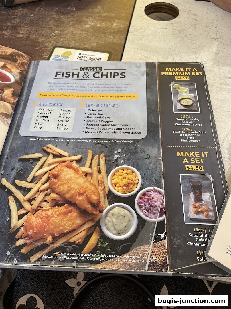 A menu from Big Fish Small Fish featuring classic fish and chips with various fish and side options.