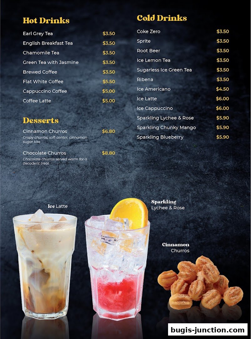 A menu featuring hot drinks, cold drinks, and desserts with accompanying images.