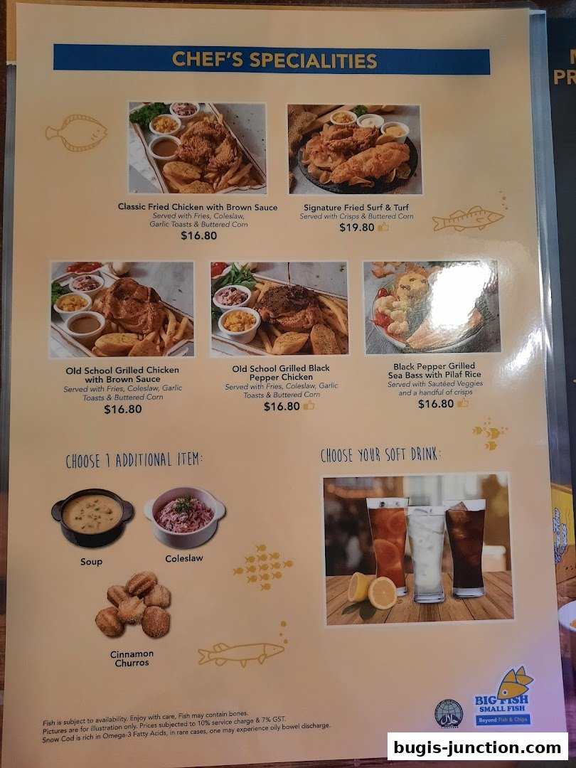 A menu featuring Chef's Specialities, additional items, and soft drinks from Big Fish Small Fish.