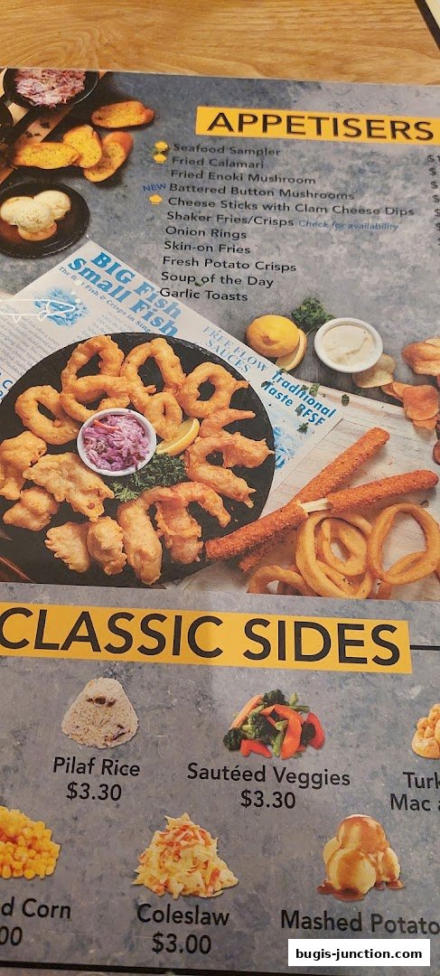 A menu from Big Fish Small Fish featuring appetizers and classic sides with food images.