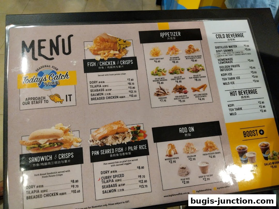 A menu from Big Fish Small Fish featuring fish and chicken dishes, sandwiches, and beverages.
