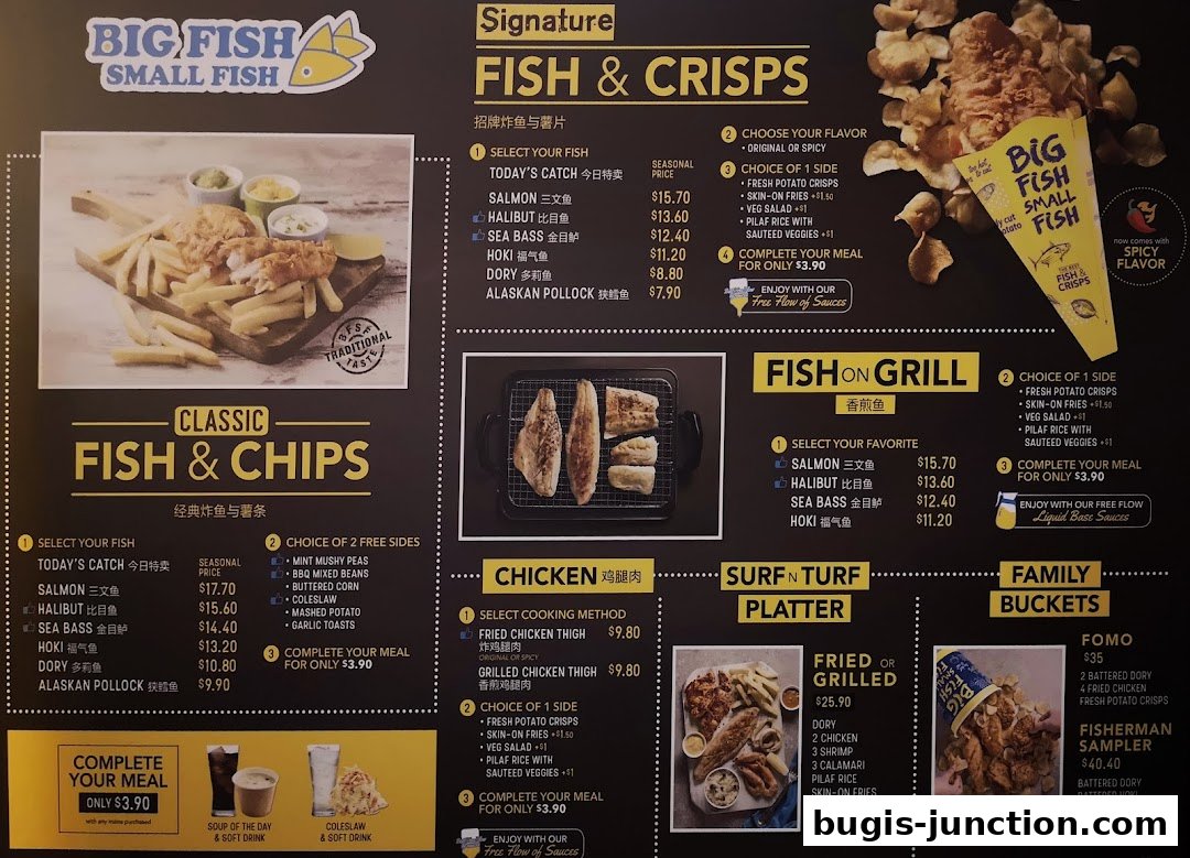 A menu board for Big Fish Small Fish featuring various fish and chips, grilled fish, and chicken options.