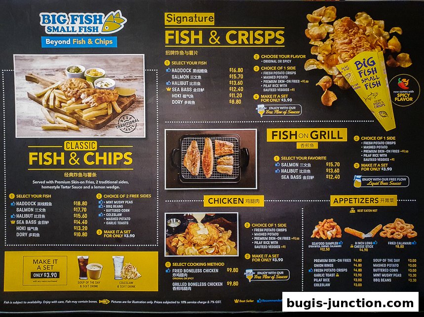 A menu for Big Fish Small Fish featuring fish and chips, grilled fish, chicken, and appetizers.