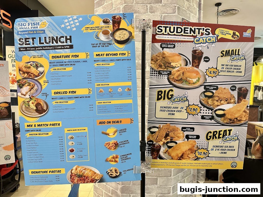 A menu board displaying various set lunches, student deals, and combo meals from Big Fish Small Fish.