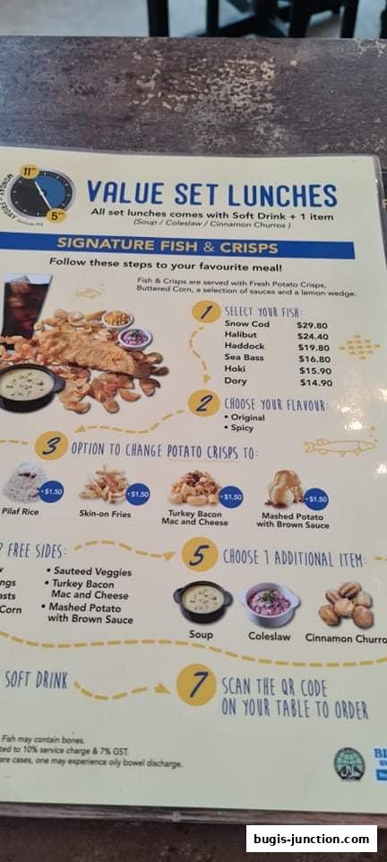 A menu for Big Fish Small Fish featuring signature fish and crisps with various customization options.