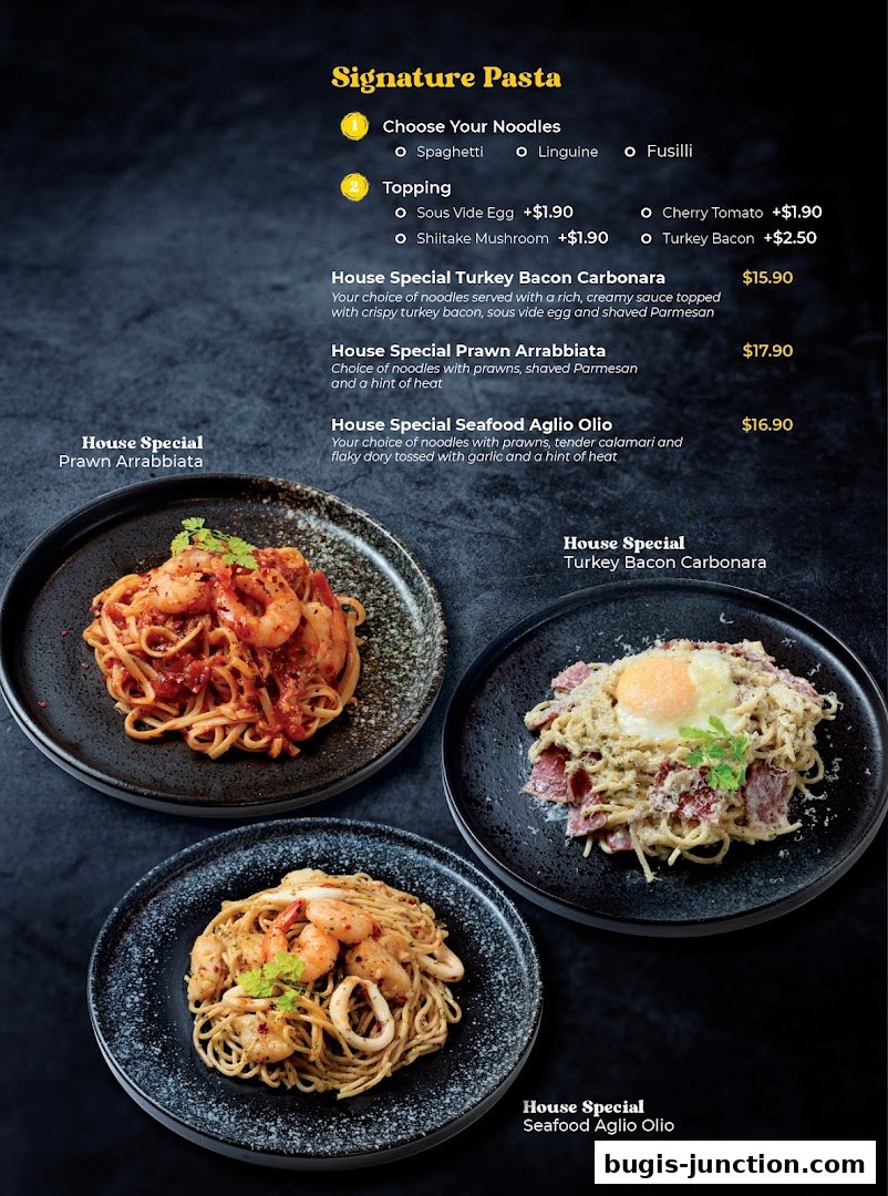 A menu showcasing signature pasta dishes with various noodle and topping options.