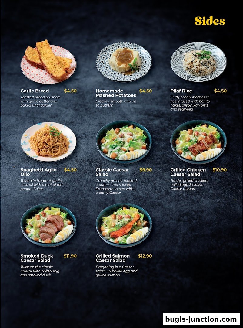 A menu showcasing various side dishes and salads with appealing food photography.