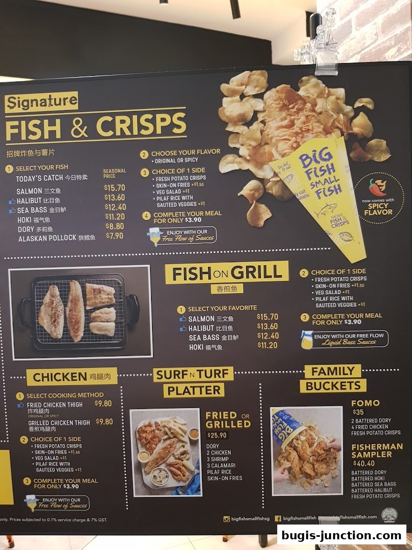 A menu board for Big Fish Small Fish featuring signature fish and crisps, fish on grill, and family buckets.