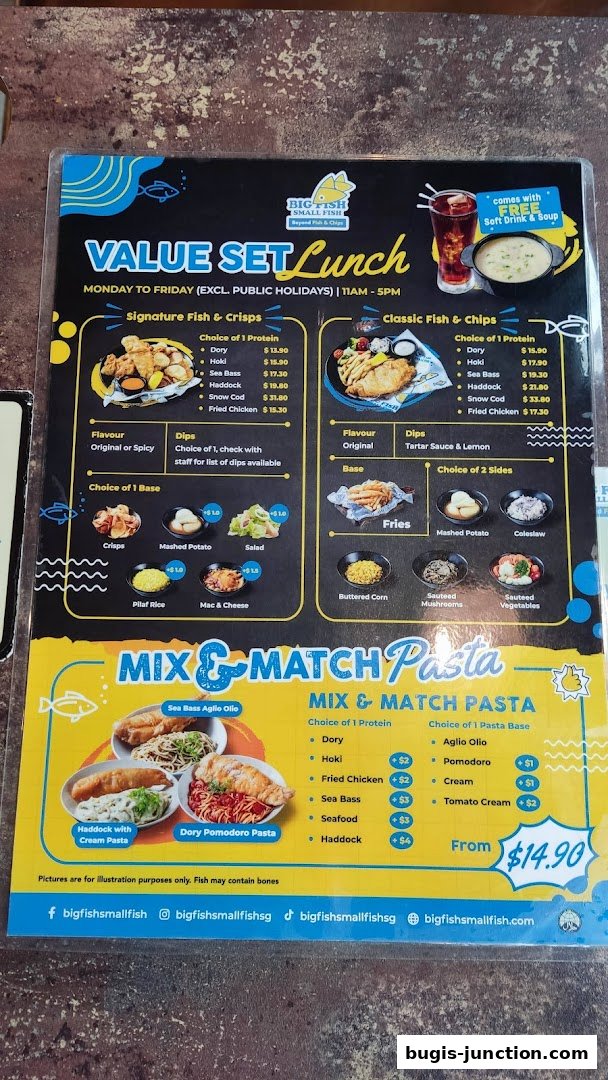 A menu for Big Fish Small Fish featuring value set lunches and mix & match pasta options.