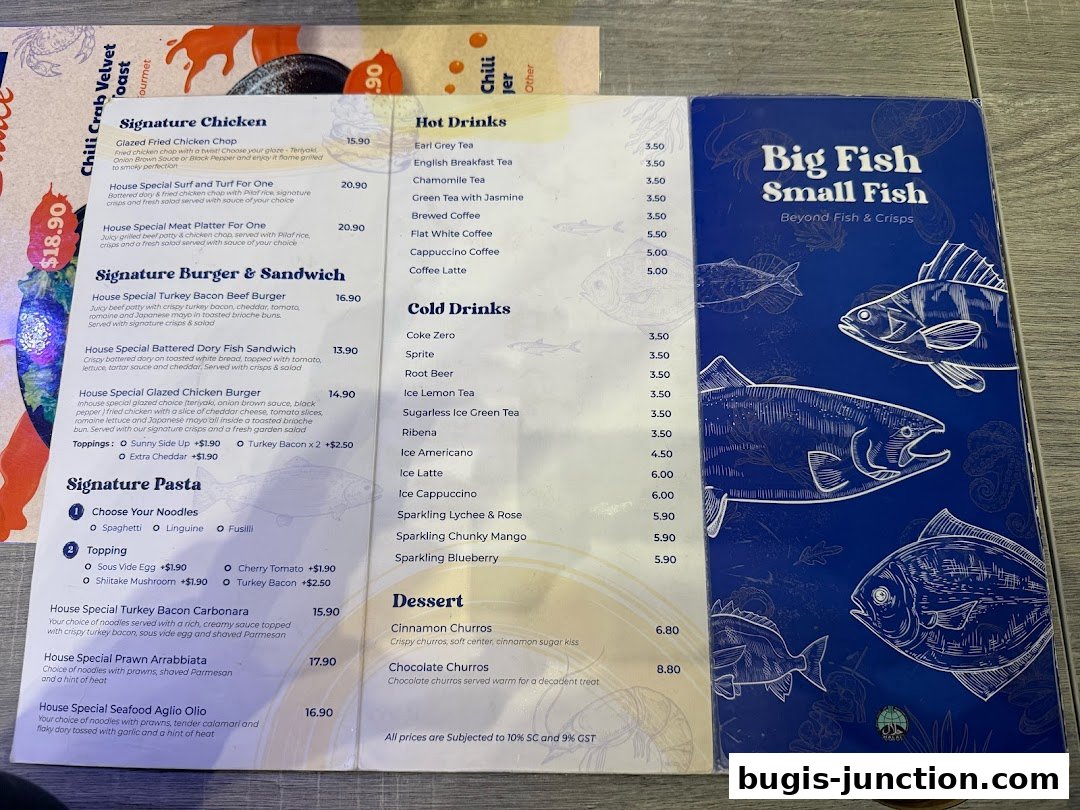 A menu from Big Fish Small Fish featuring signature chicken, burgers, pasta, drinks, and desserts.
