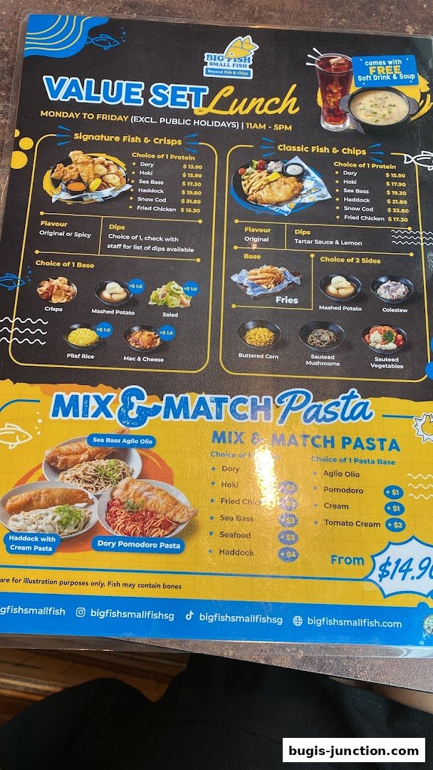 A menu for Big Fish Small Fish featuring value set lunches and mix & match pasta options.