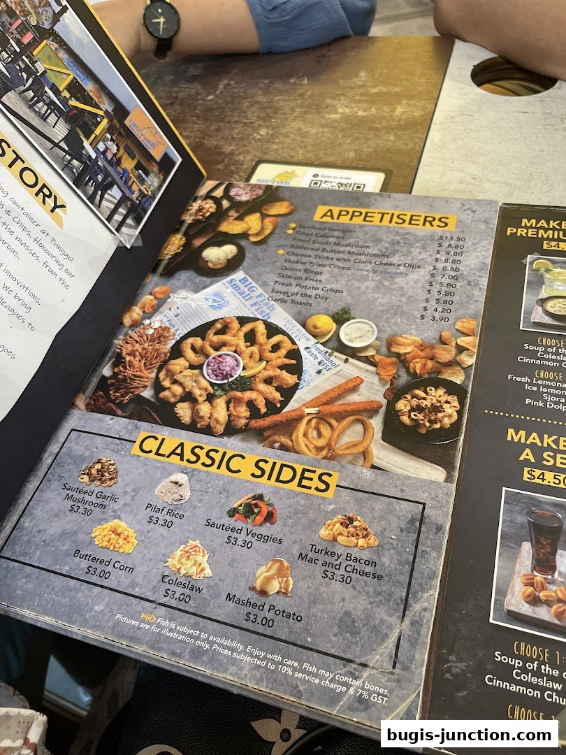 A menu from Big Fish Small Fish Bugis Junction featuring appetizers and classic sides.